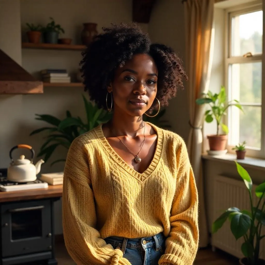 Photorealistic Portrait of a Black Woman in a Cozy Cottage