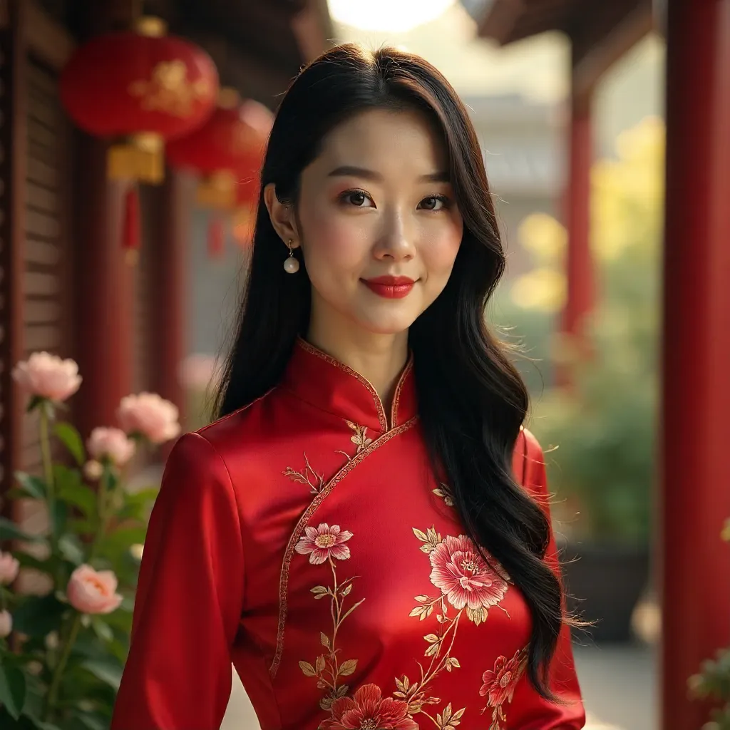 Elegant Adult Asian Woman in a Sunlit Chinese Courtyard