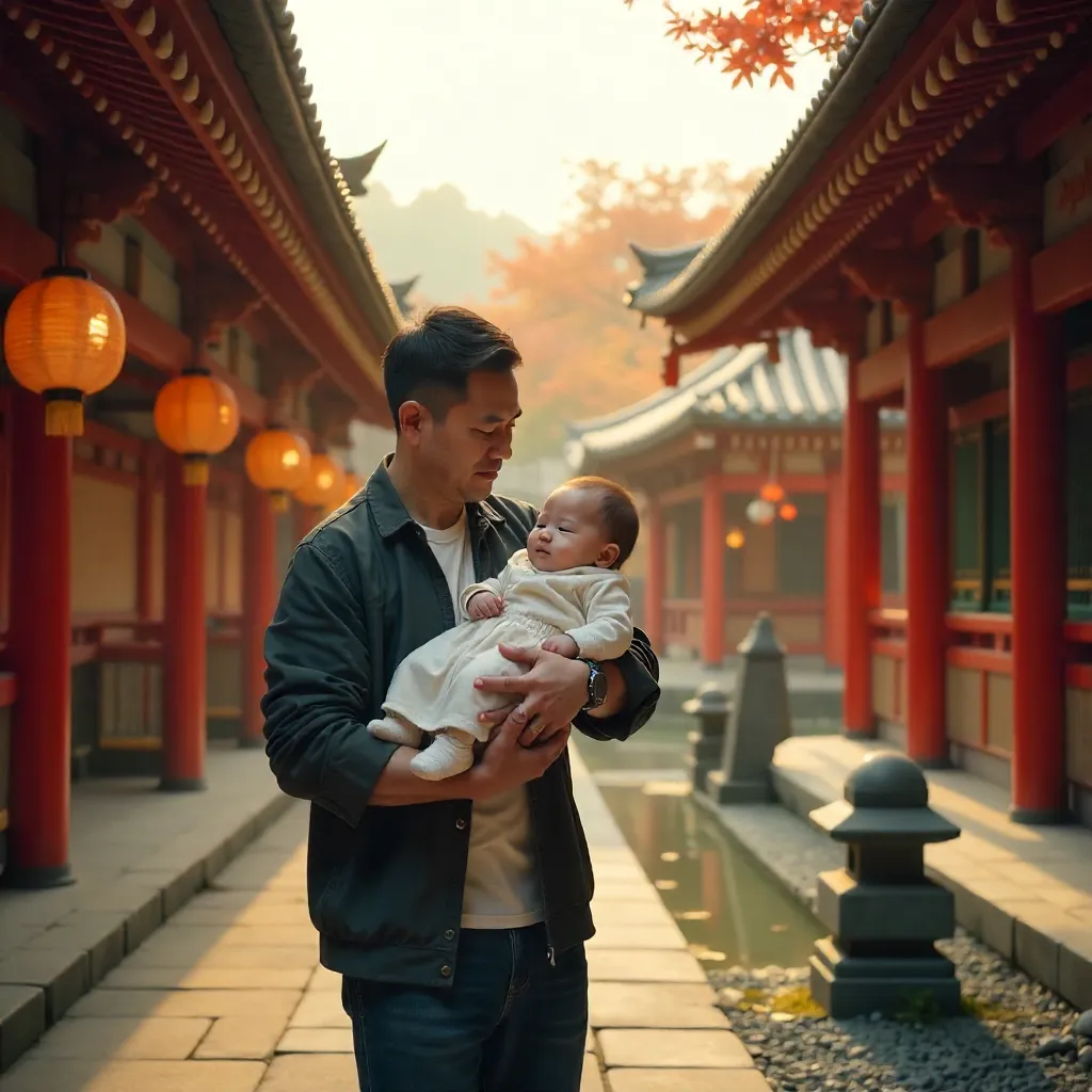 Father Carries Sleeping Child at a Colorful Japanese Temple