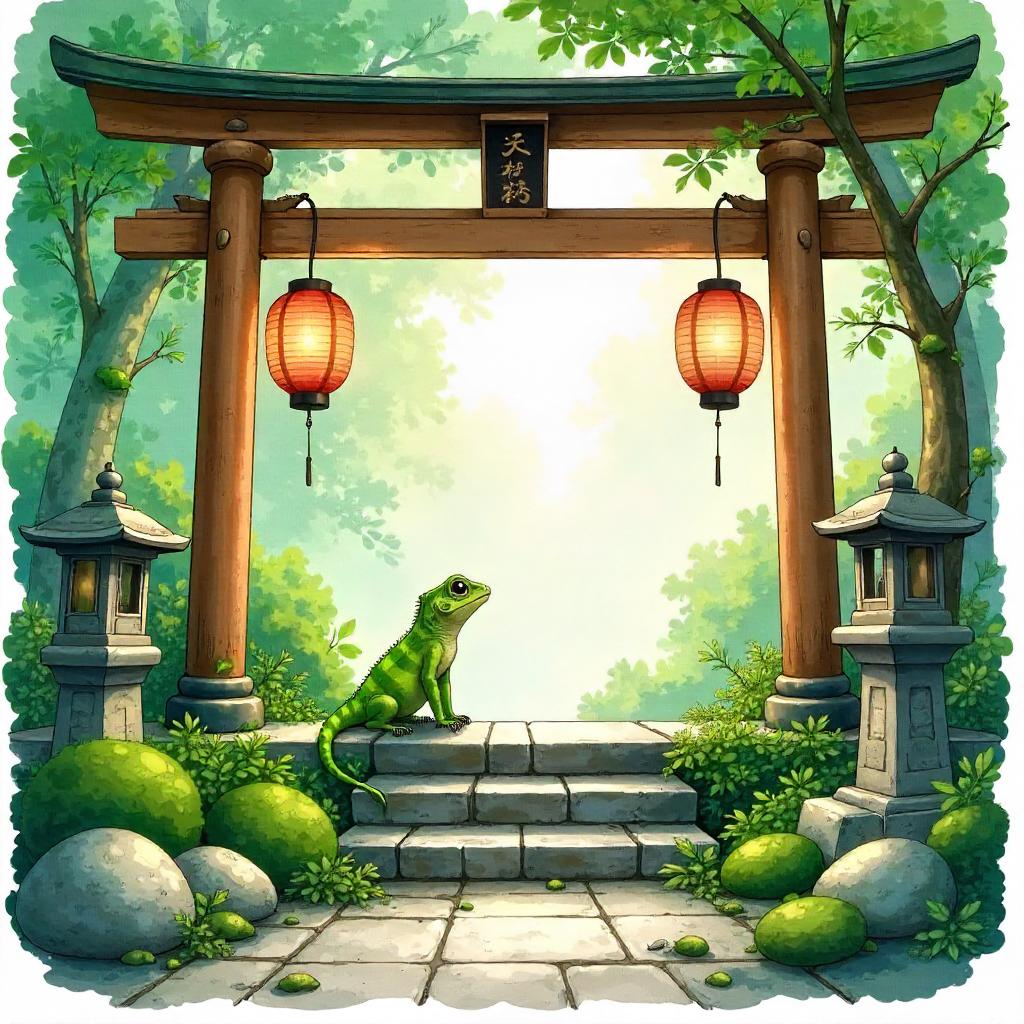 Watercolor Lizard in a Serene Shrine