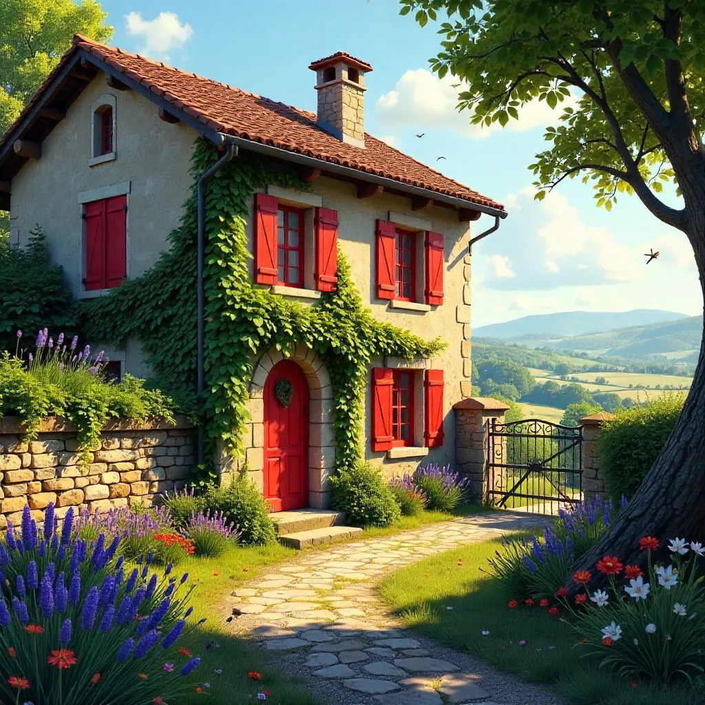Ivy-Covered French Cottage with Red Shutters in Provence