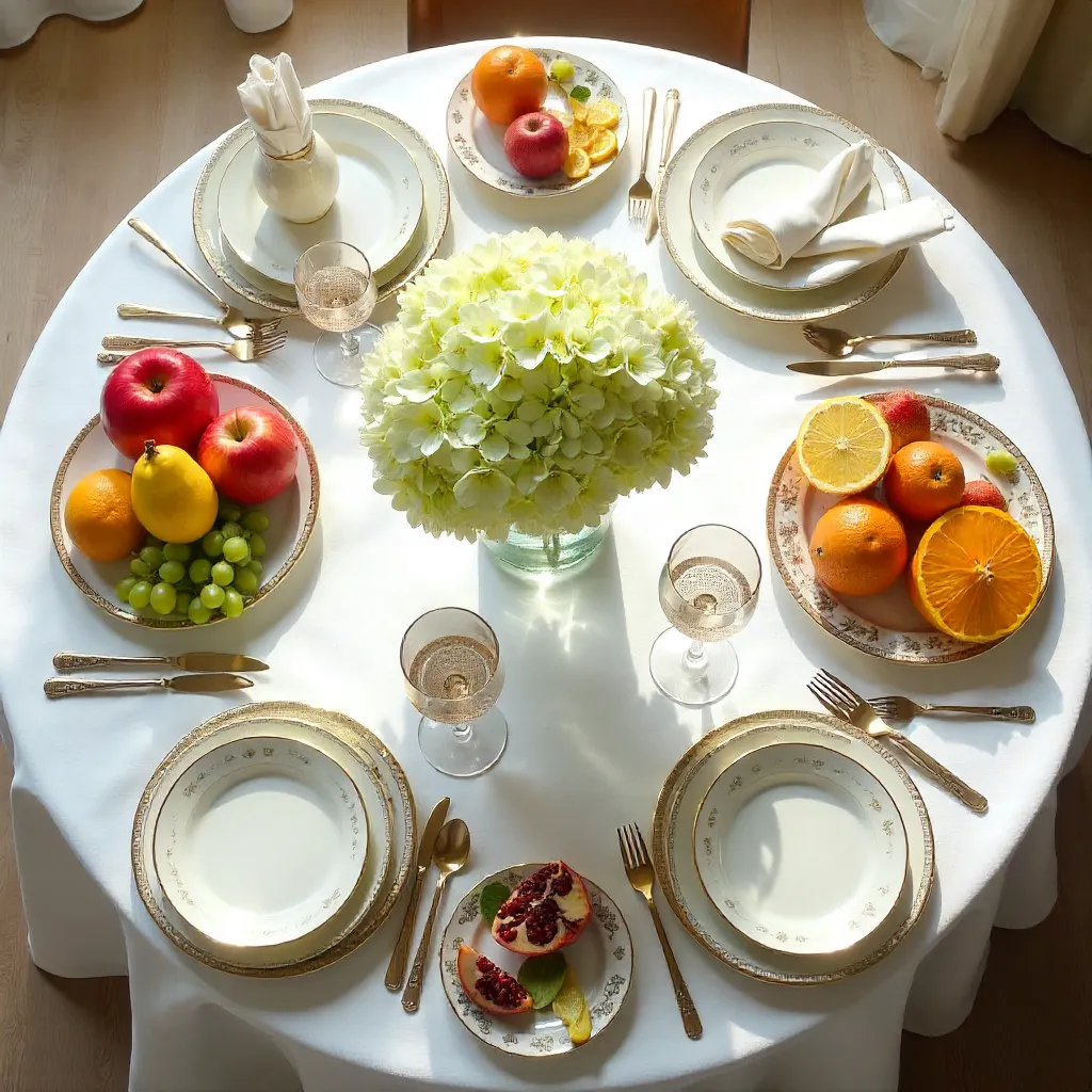 Overhead Table Setting with Hydrangeas and Fruits