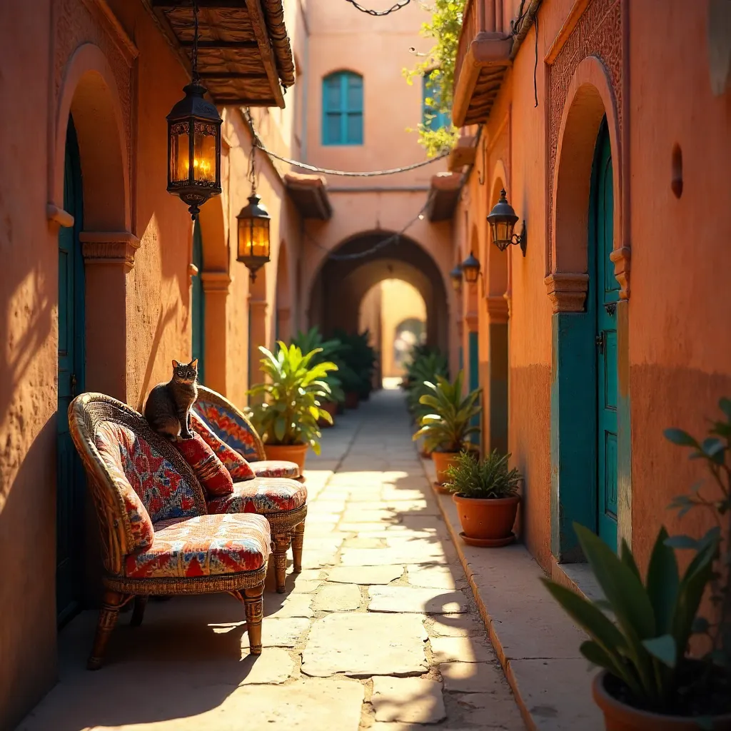 Cat on Colorful Moroccan Chairs in Marrakech Alley