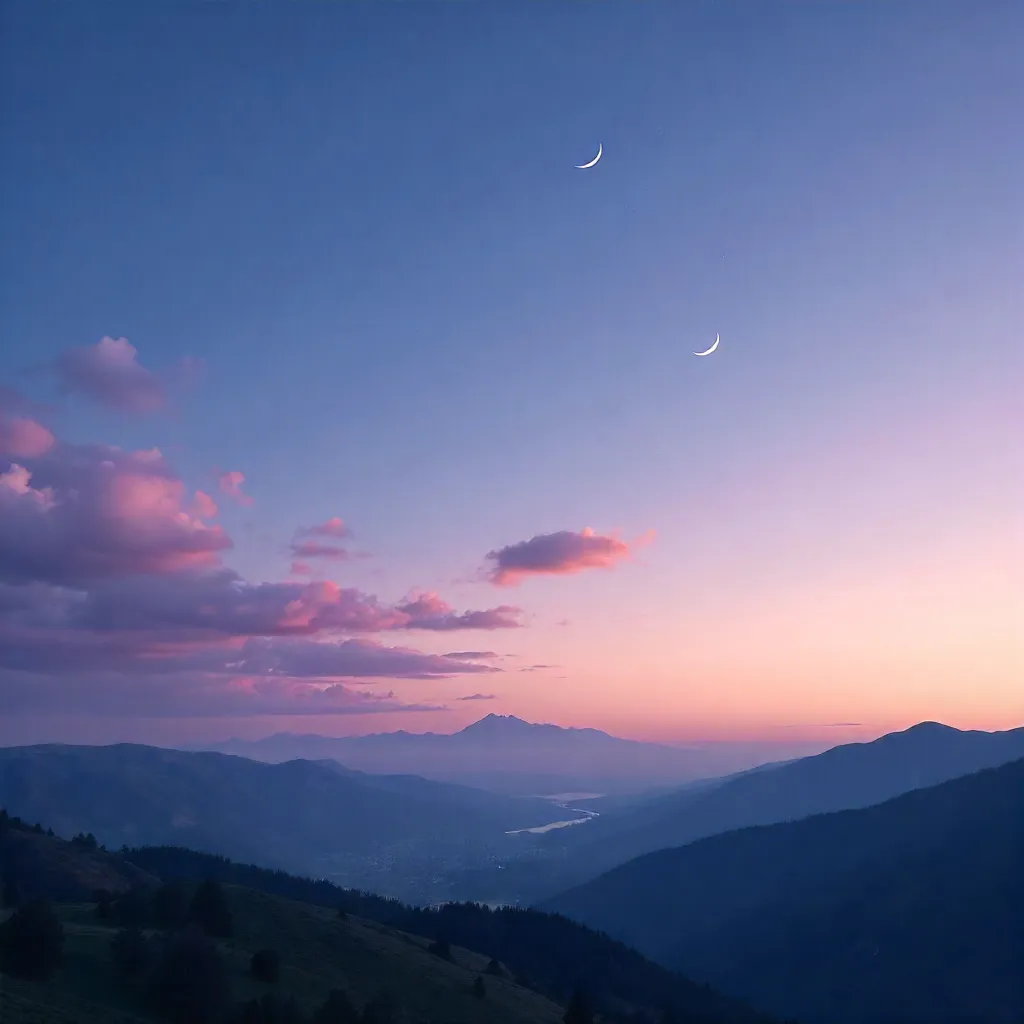 Calm Twilight Over North Macedonia Sky with Crescent Moon