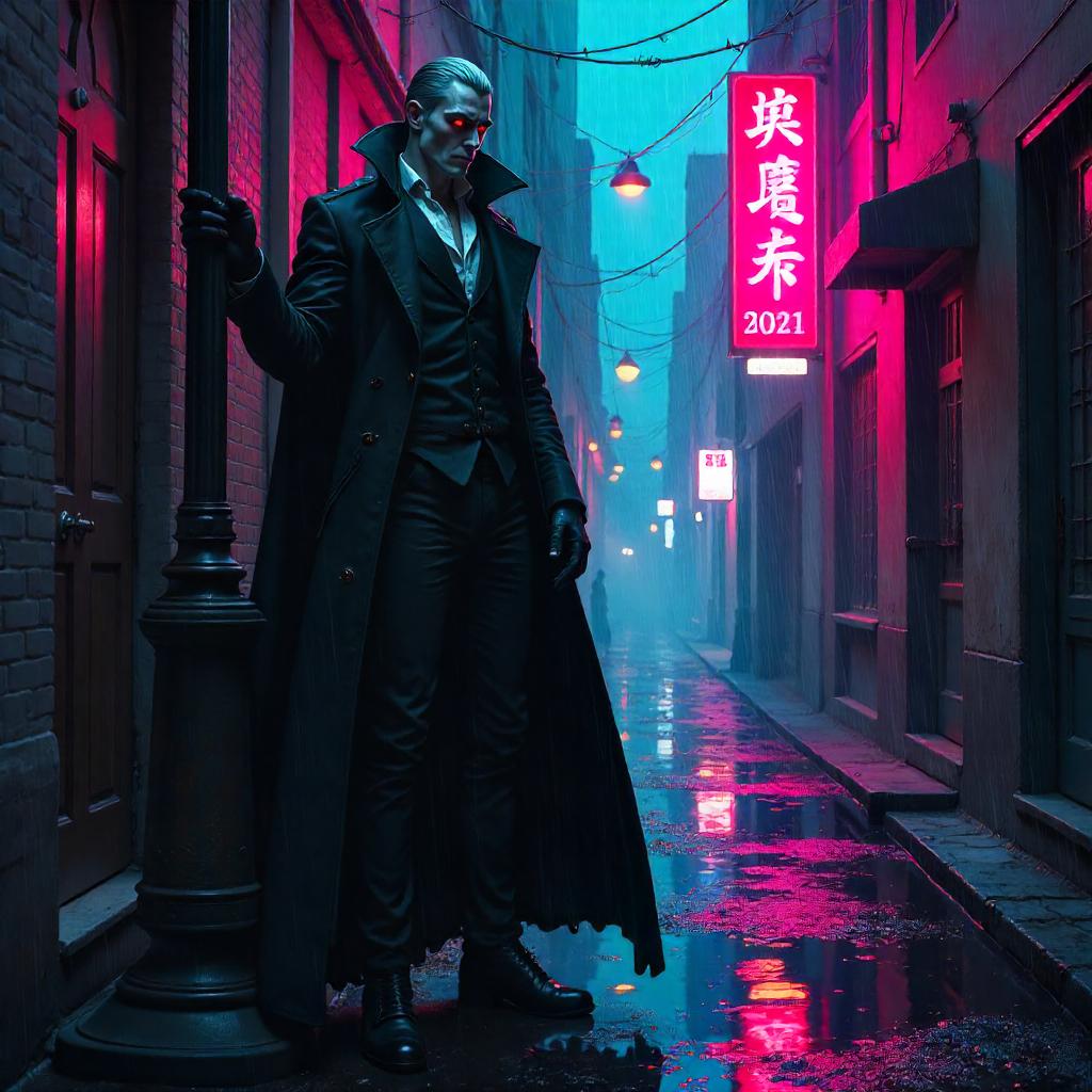 Neon Alley Vampire: Concept Art in Rain