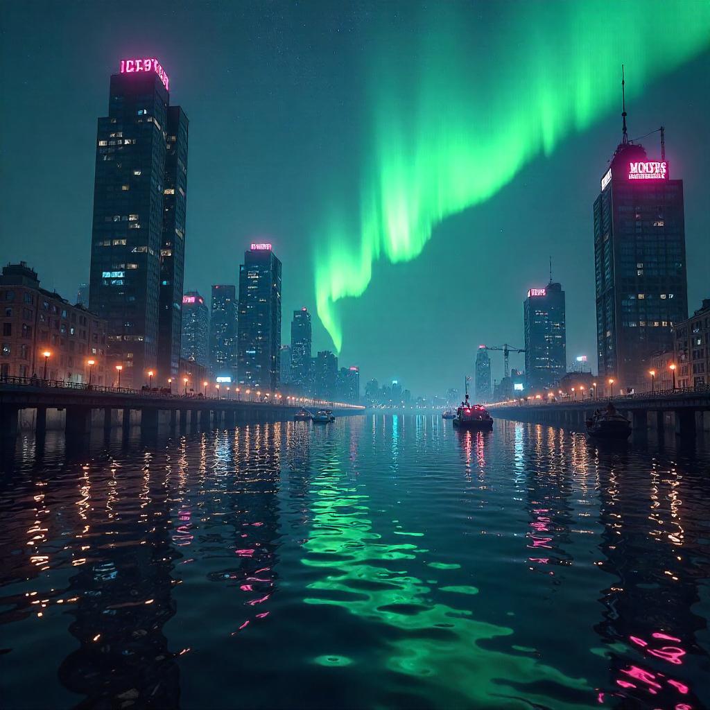Aurora Over a Submerged City: 3D Rendered Nightscape