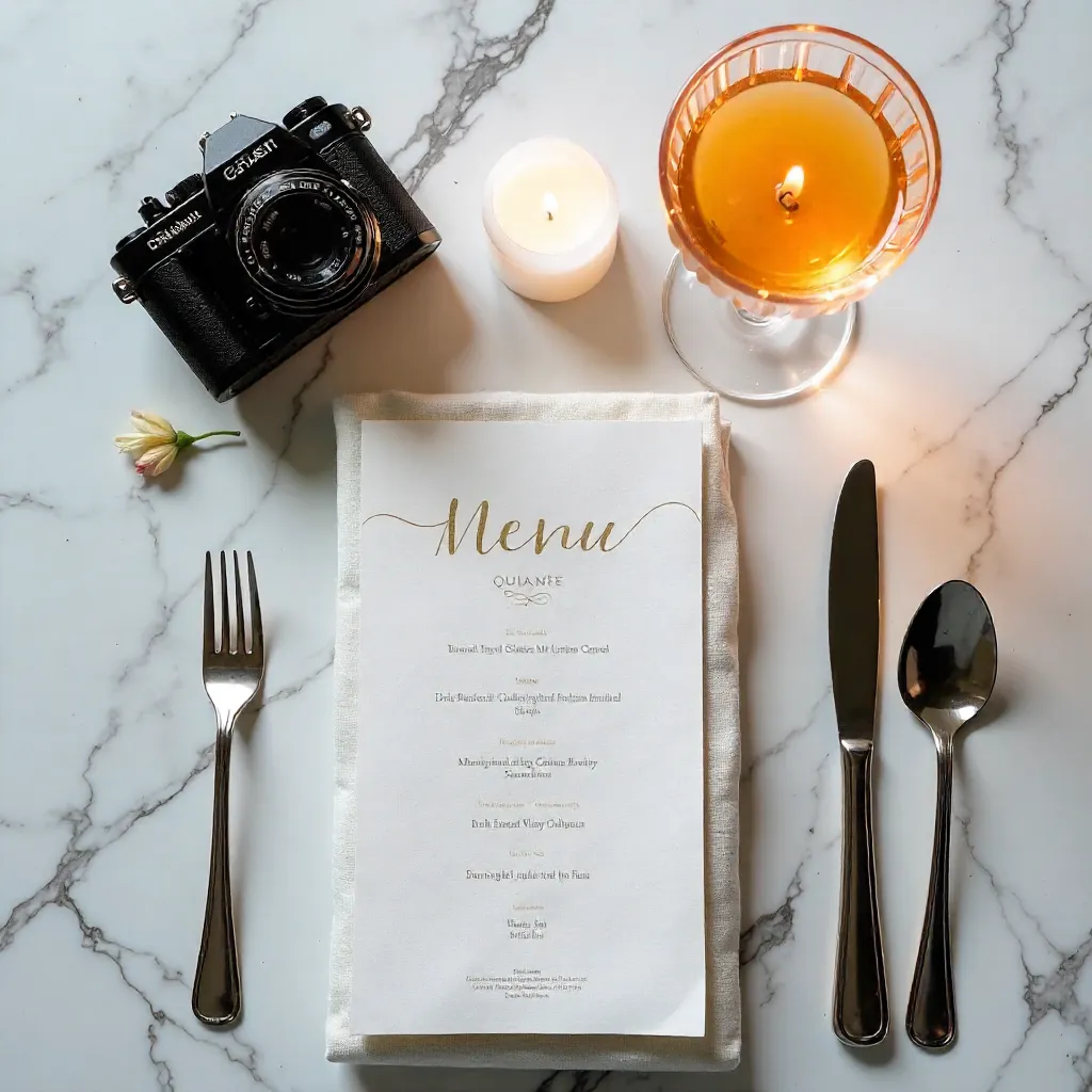 Elegant Marble Table Setting with Menu, Camera, and Candle