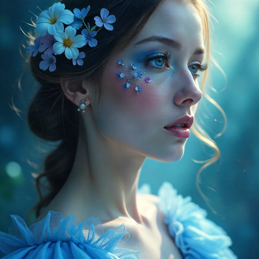 Azure Goddess in Blue: Floral Fantasy Portrait