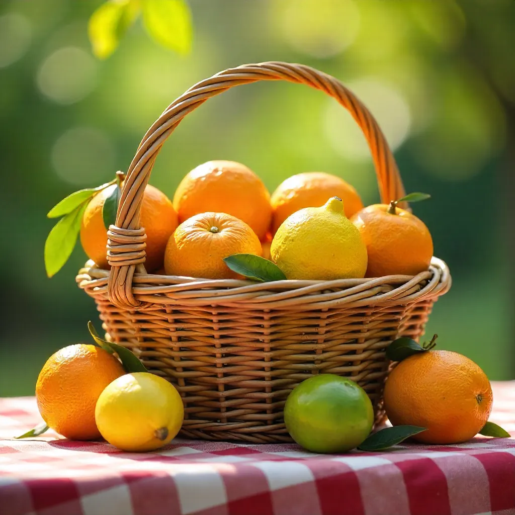 Sunlit Wicker Basket with Citrus on Checkered Tablecloth