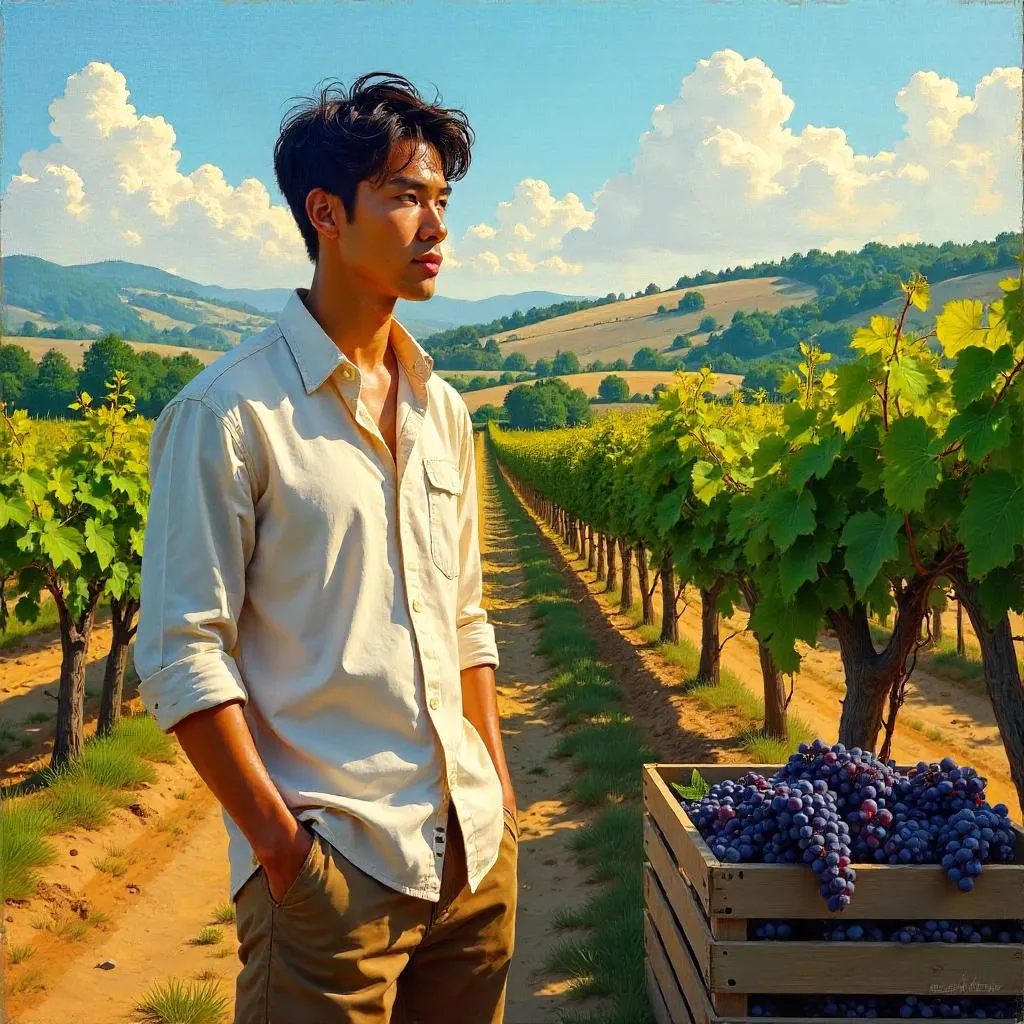Oil Portrait in a Vineyard: Young Asian Man