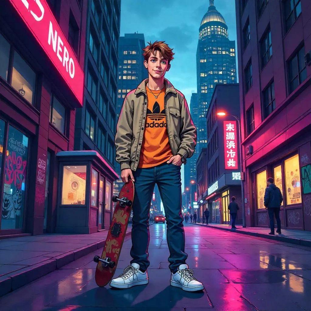 Cartoon Young White Man in Neon City