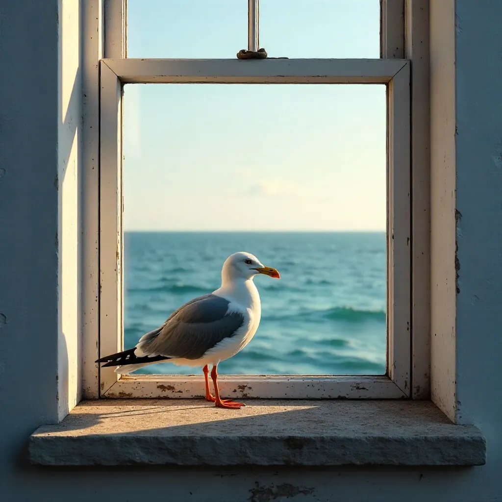 Seagull on a Window-Ledge Over the Ocean