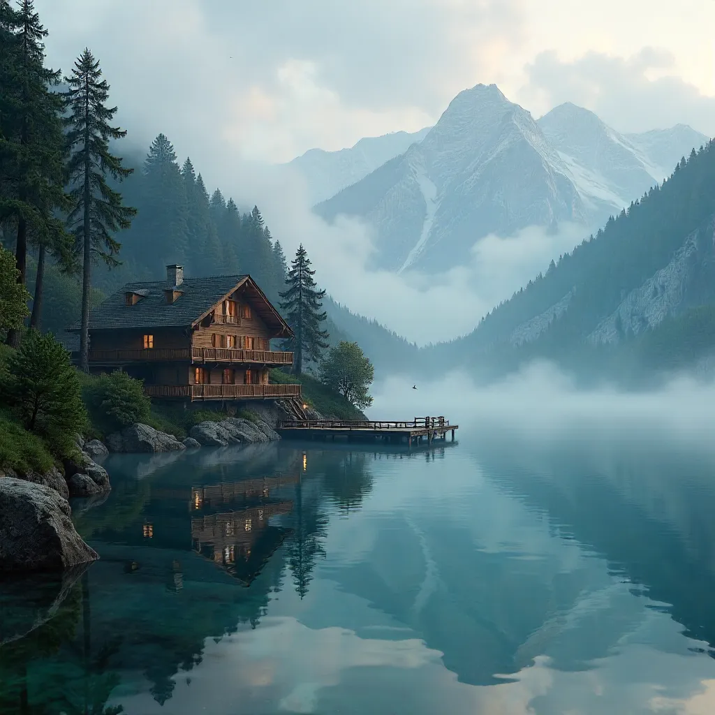 Misty Lakeside Hotel in Forested Mountains