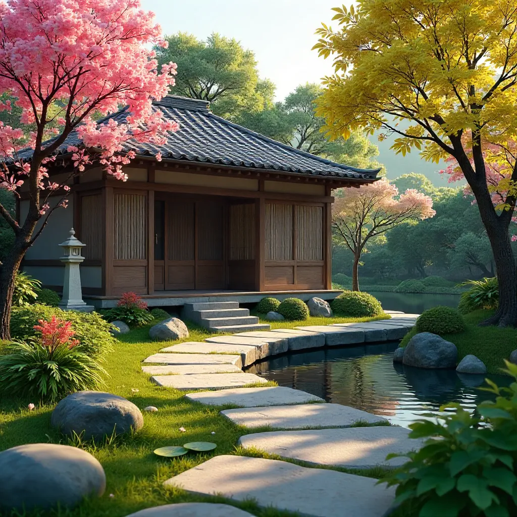 Peaceful Japanese Garden Path to a Traditional House
