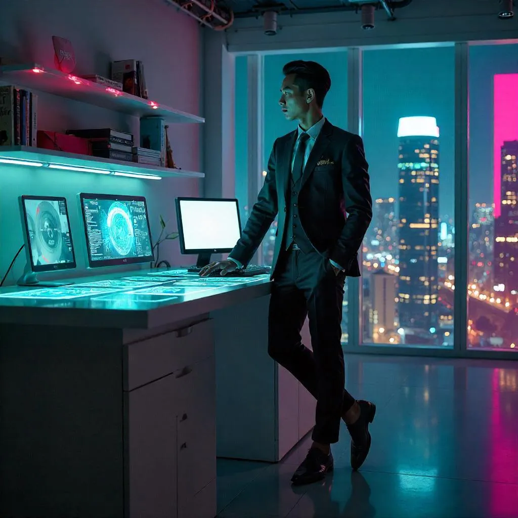 Stylish Asian Man in a Futuristic Workspace Concept Art