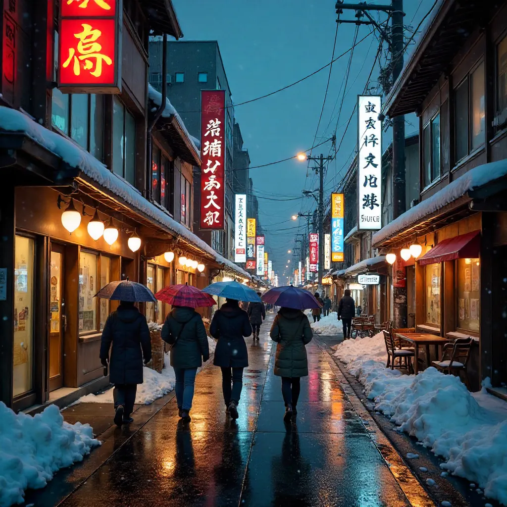 Snowy Sapporo Street with Umbrellas and Neon