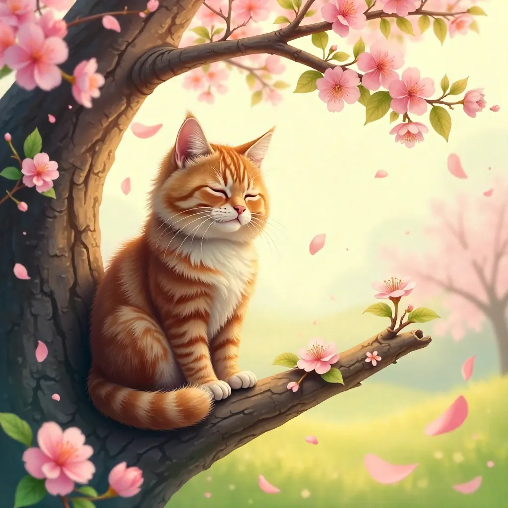 Cozy Cat in a Blooming Spring Tree