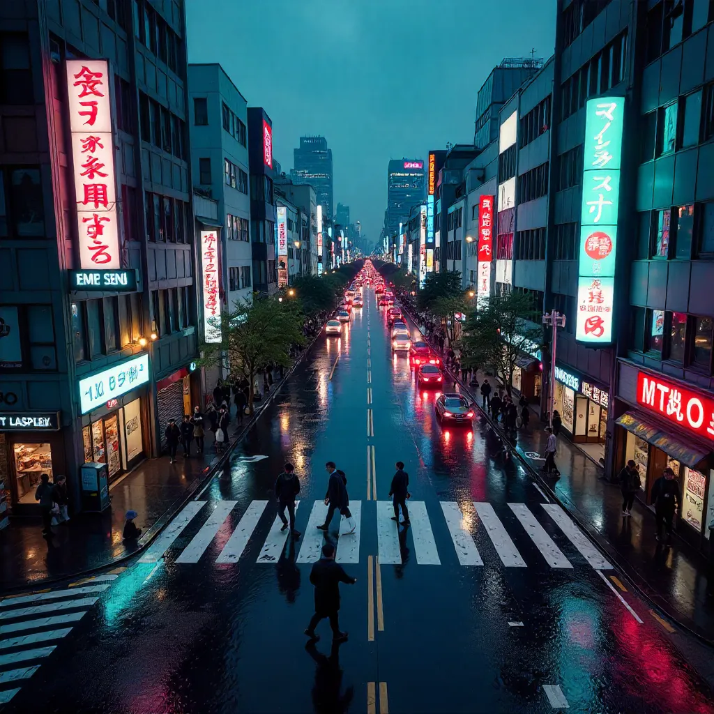 Aerial Night Crossing Over Tokyo Zebra Crosswalk