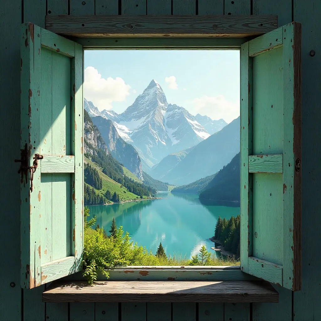 Through a Rustic Window to Mountain Tranquility