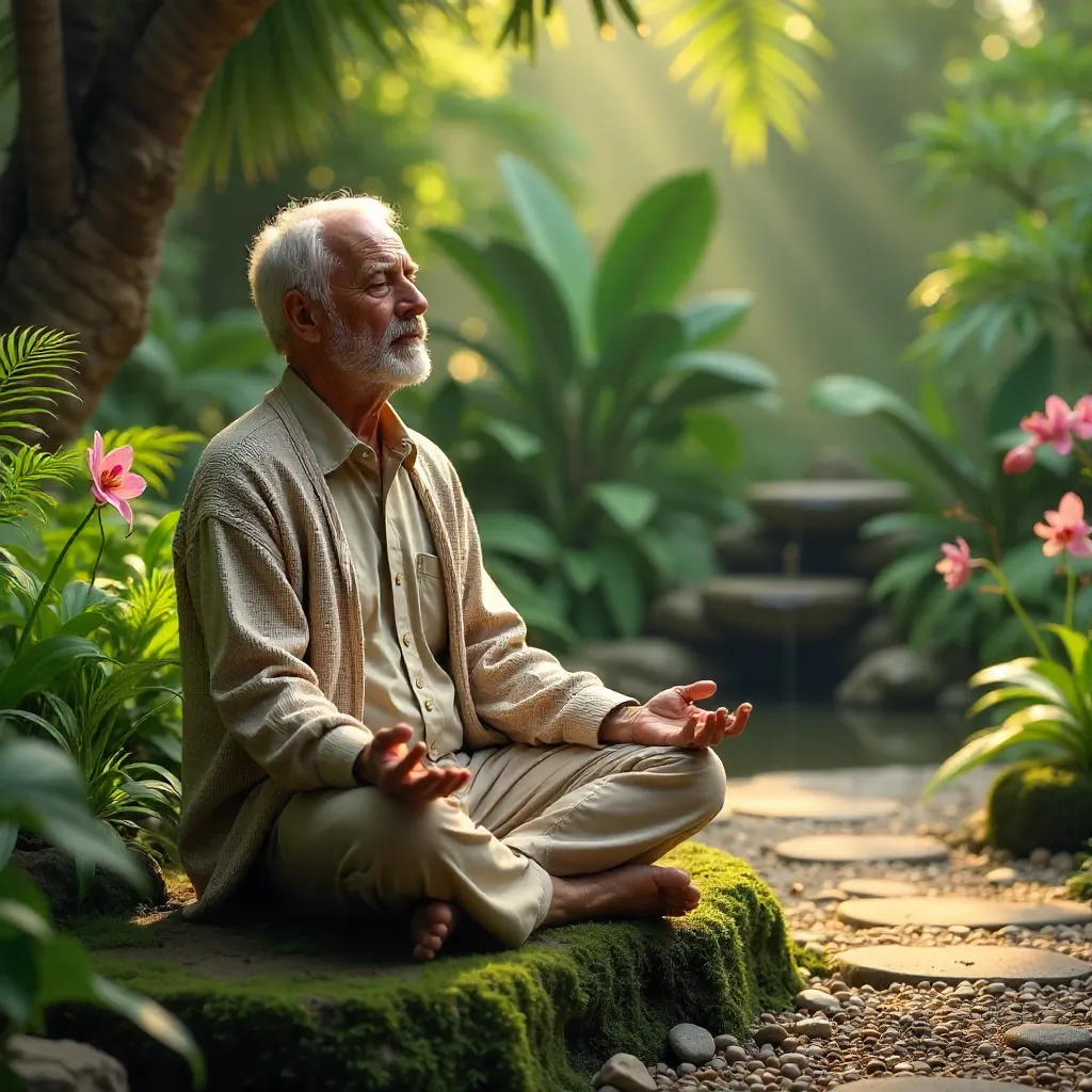 Senior Man Meditates in a Tranquil Botanical Garden