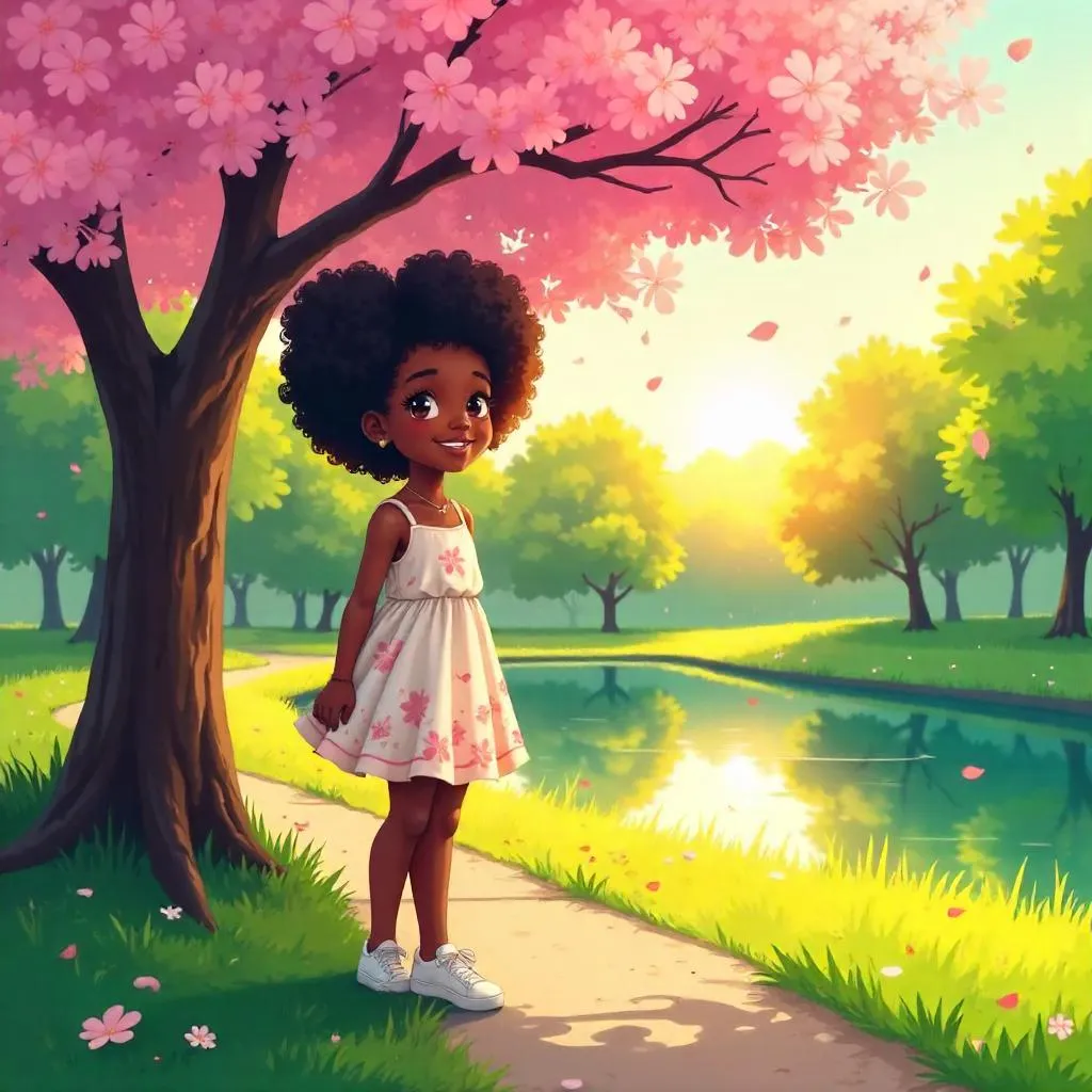 Elegant Black Girl in a Park - Anime Style