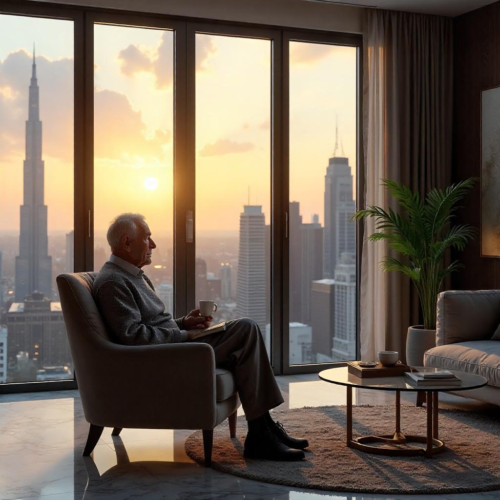 Photorealistic Elderly in a Penthouse Loft
