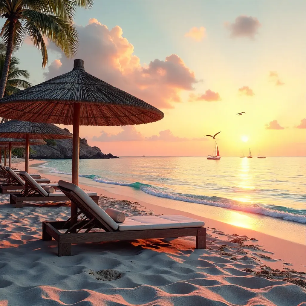 Sunset Serenity on a Beach with Straw Umbrellas