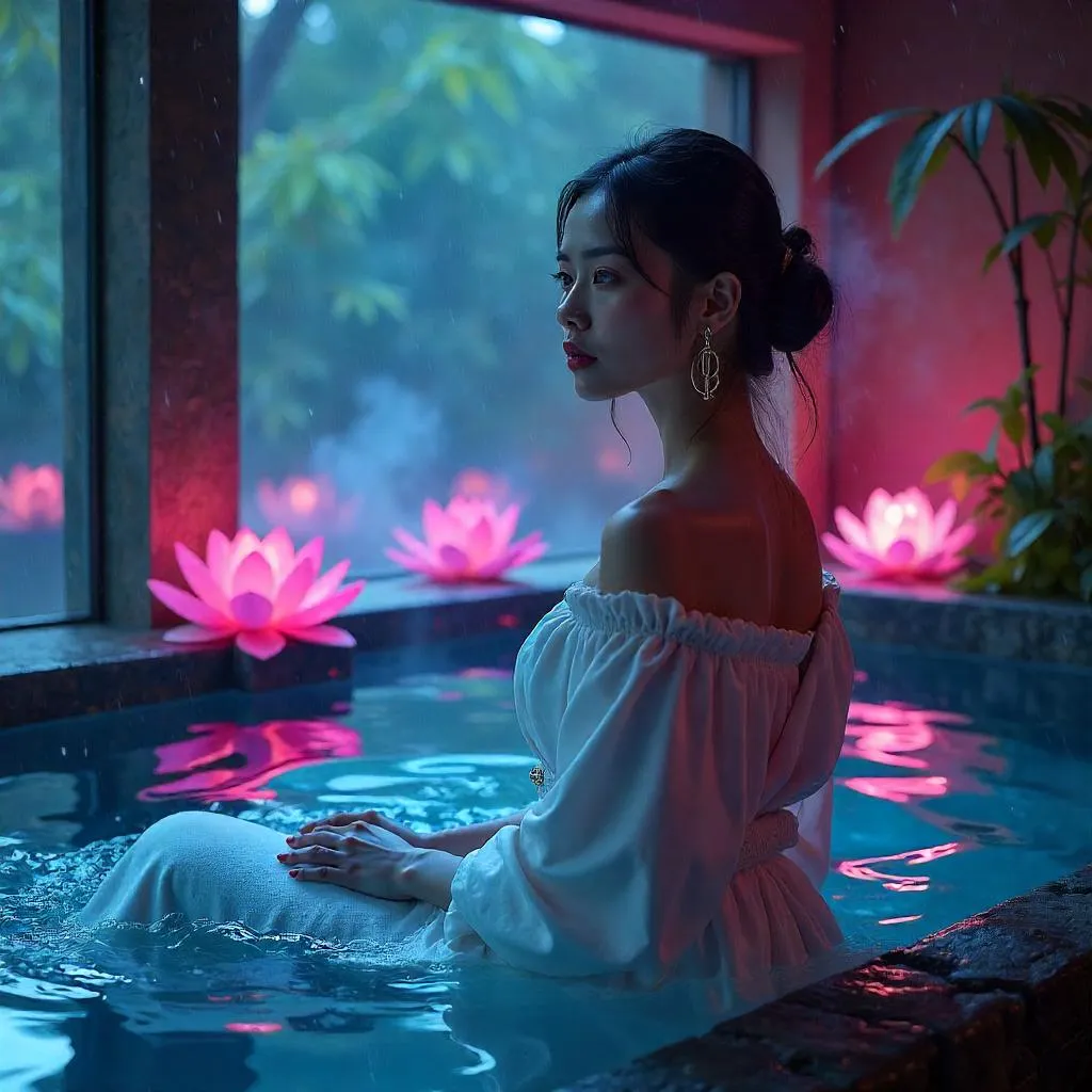 Neon Serenity: Cyberpunk Spa with an Elegant Asian Woman