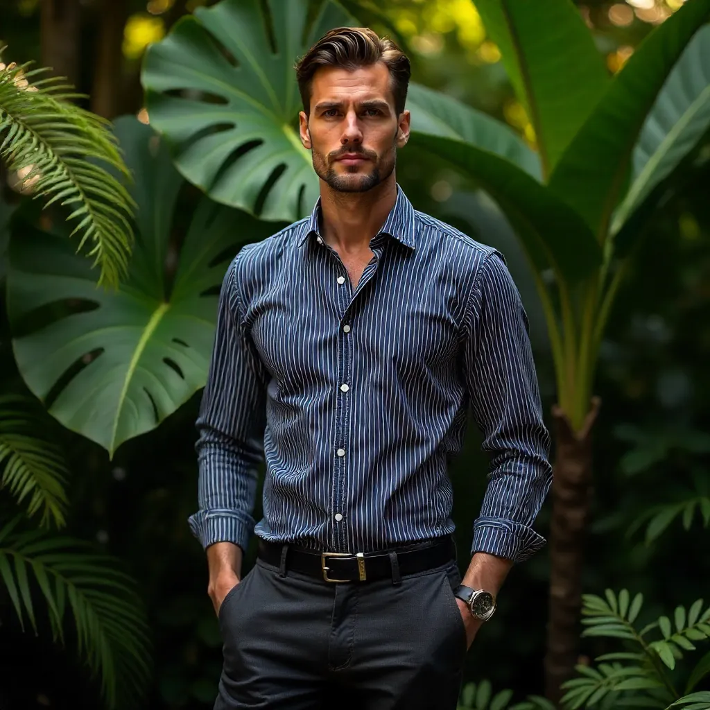 Confident Man in Striped Shirt Before Lush Foliage