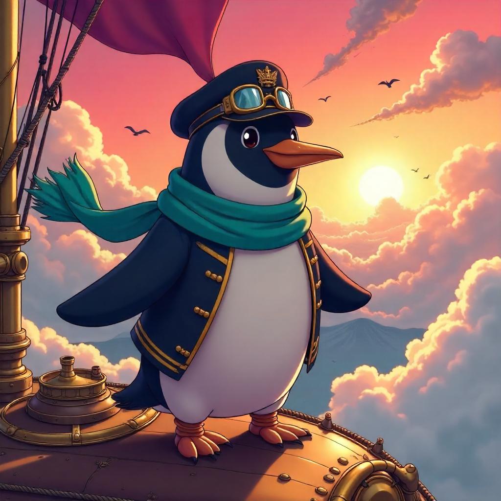 Penguin Pilot on a Brass Airship (Anime Style)