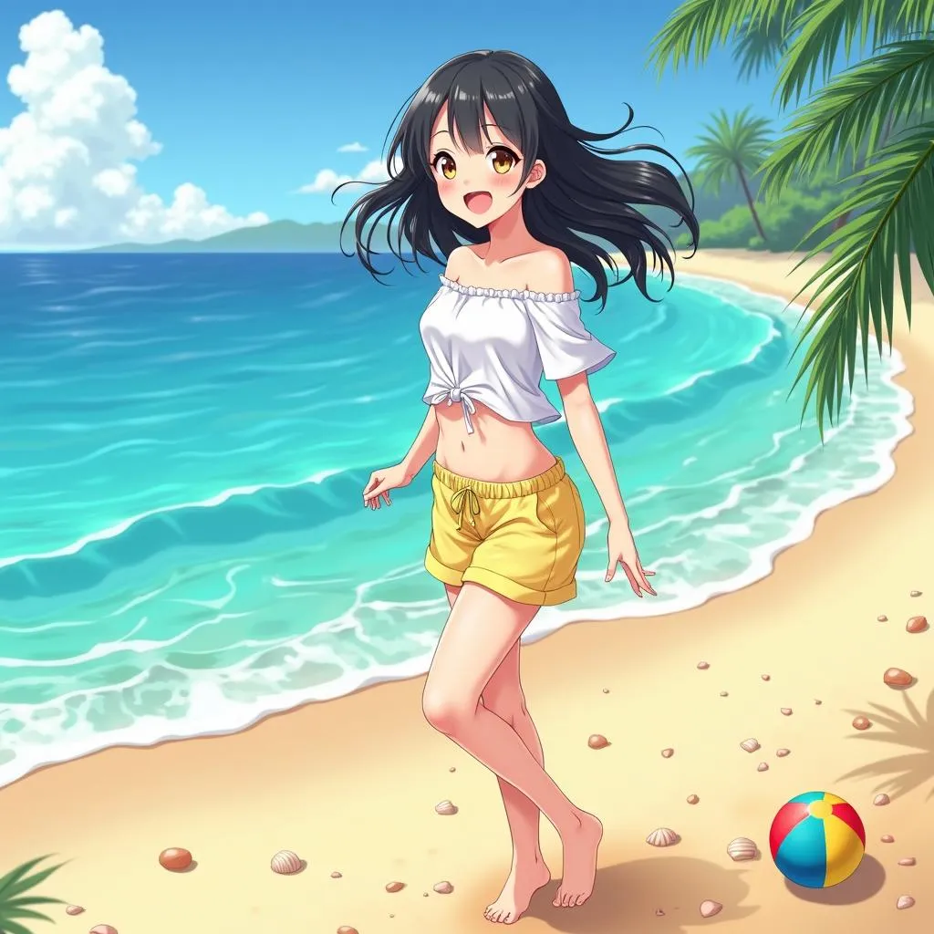 Cheerful Asian Woman at the Beach - Anime Style