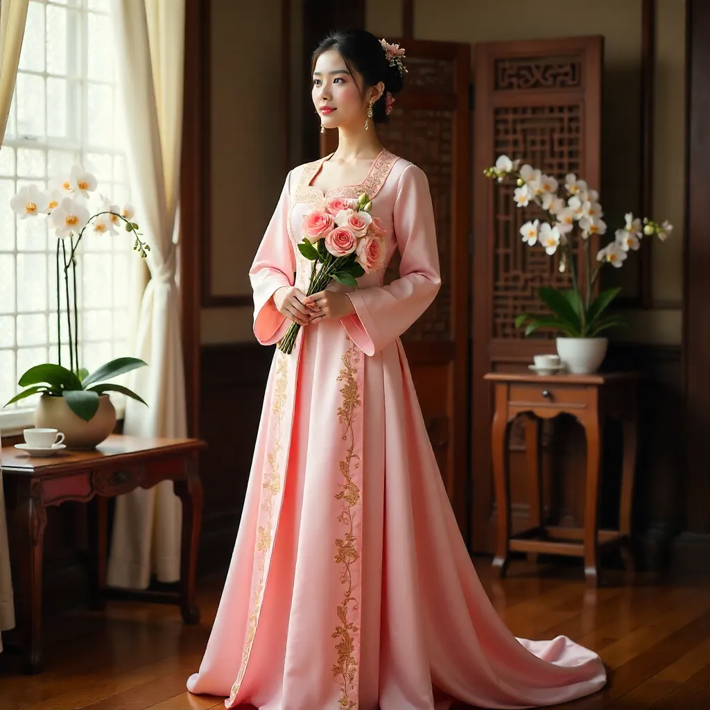 Indoor Portrait of Pink Traditional Dress Elegance