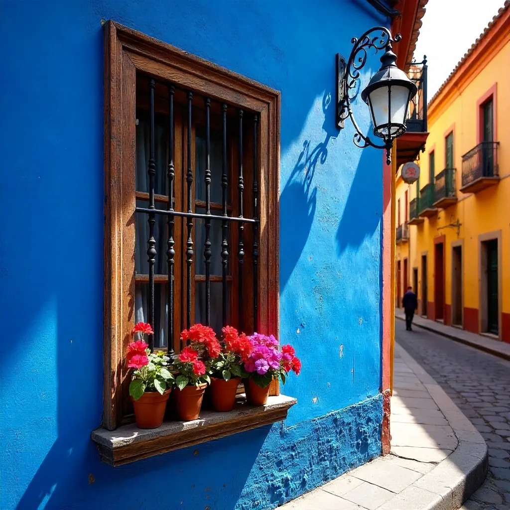 Vibrant Blue Wall with Window and Flowers in CDMX