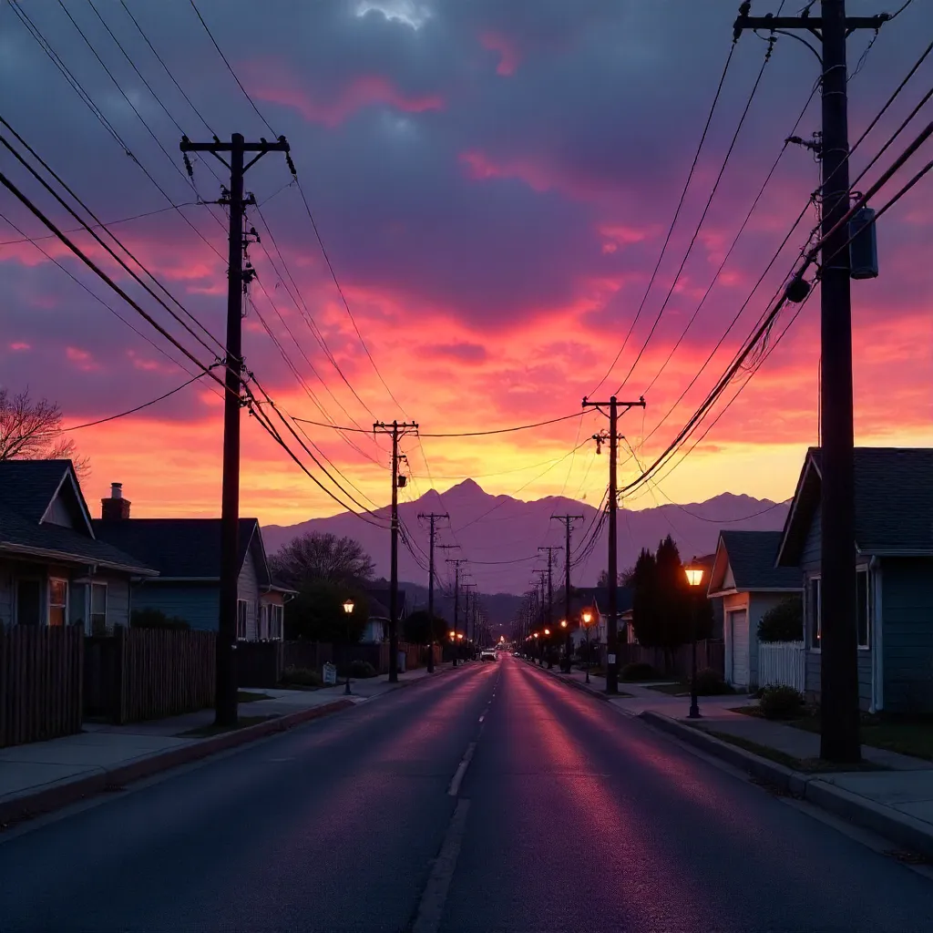 Dusk Suburbia: Power Lines and Mountain Horizon