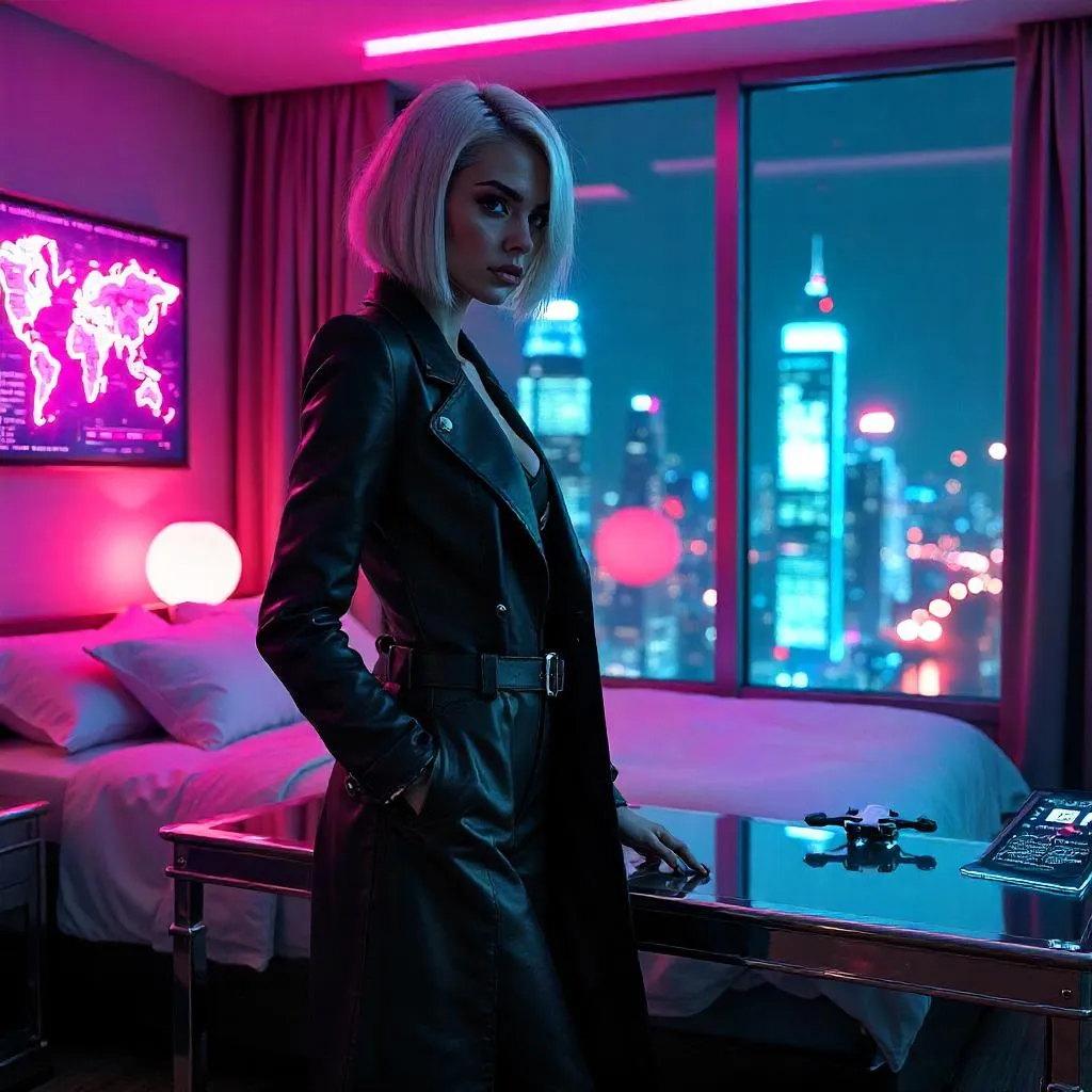 Confident Cyberpunk Woman in Neon Hotel Room