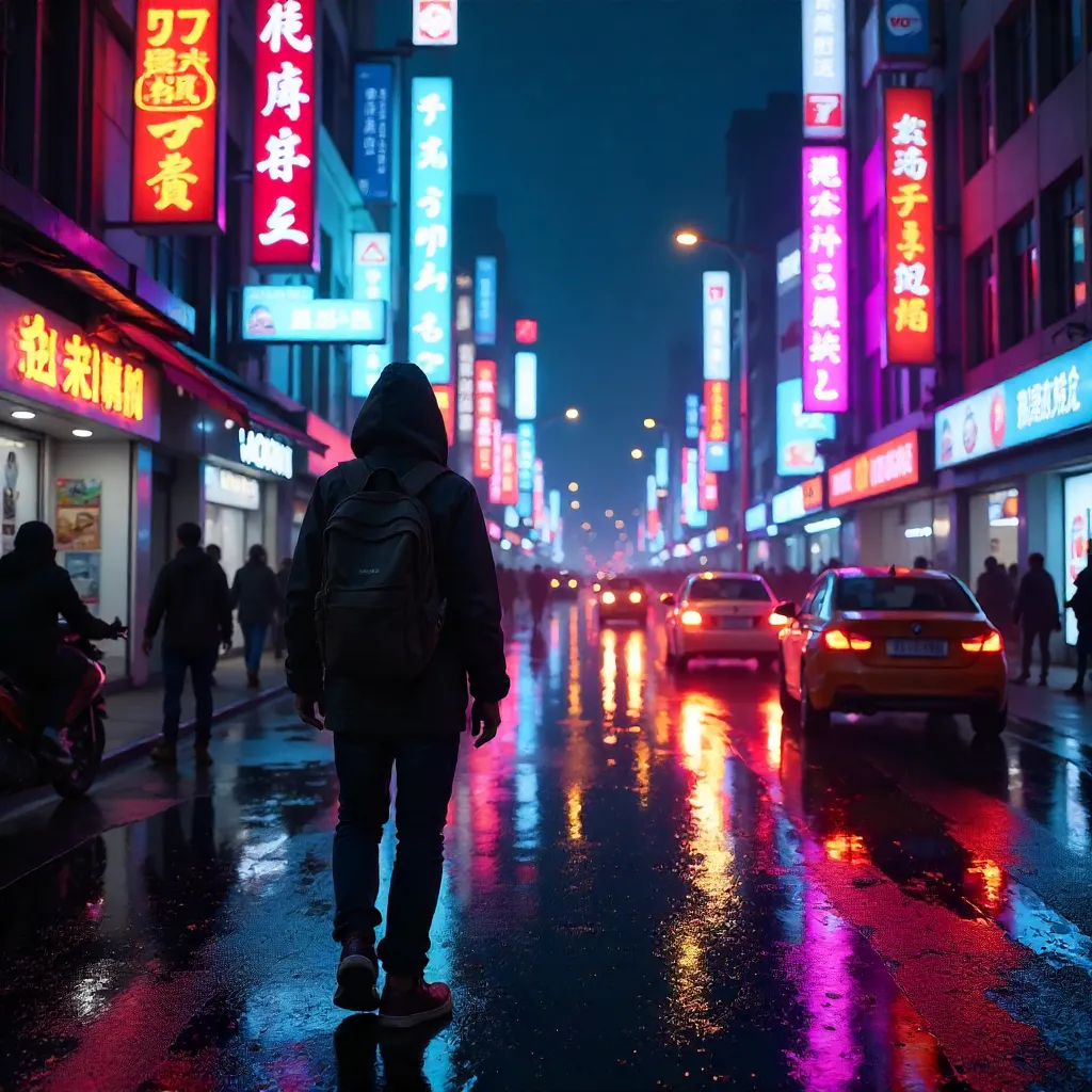 Neon Night Stroll Through a Busy City Street