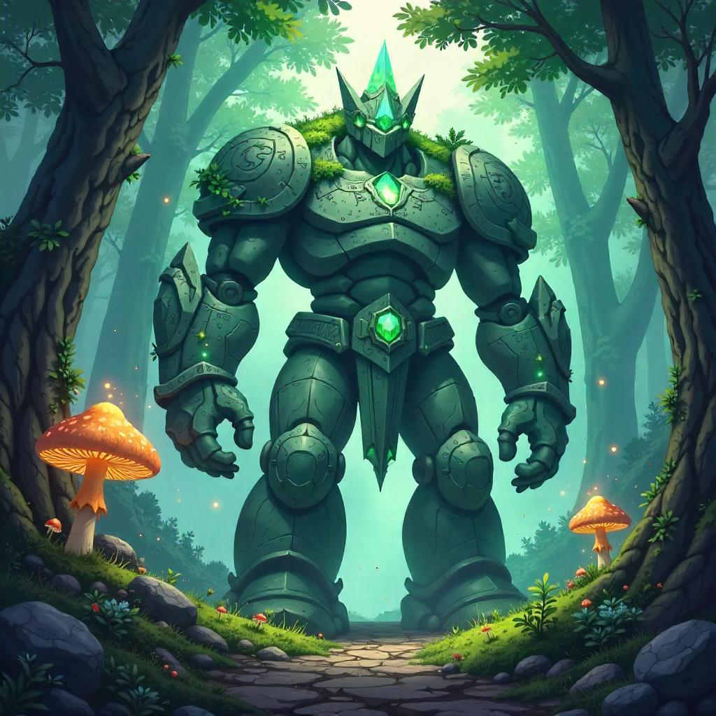 Golem Guardian in a Mystical Anime Forest