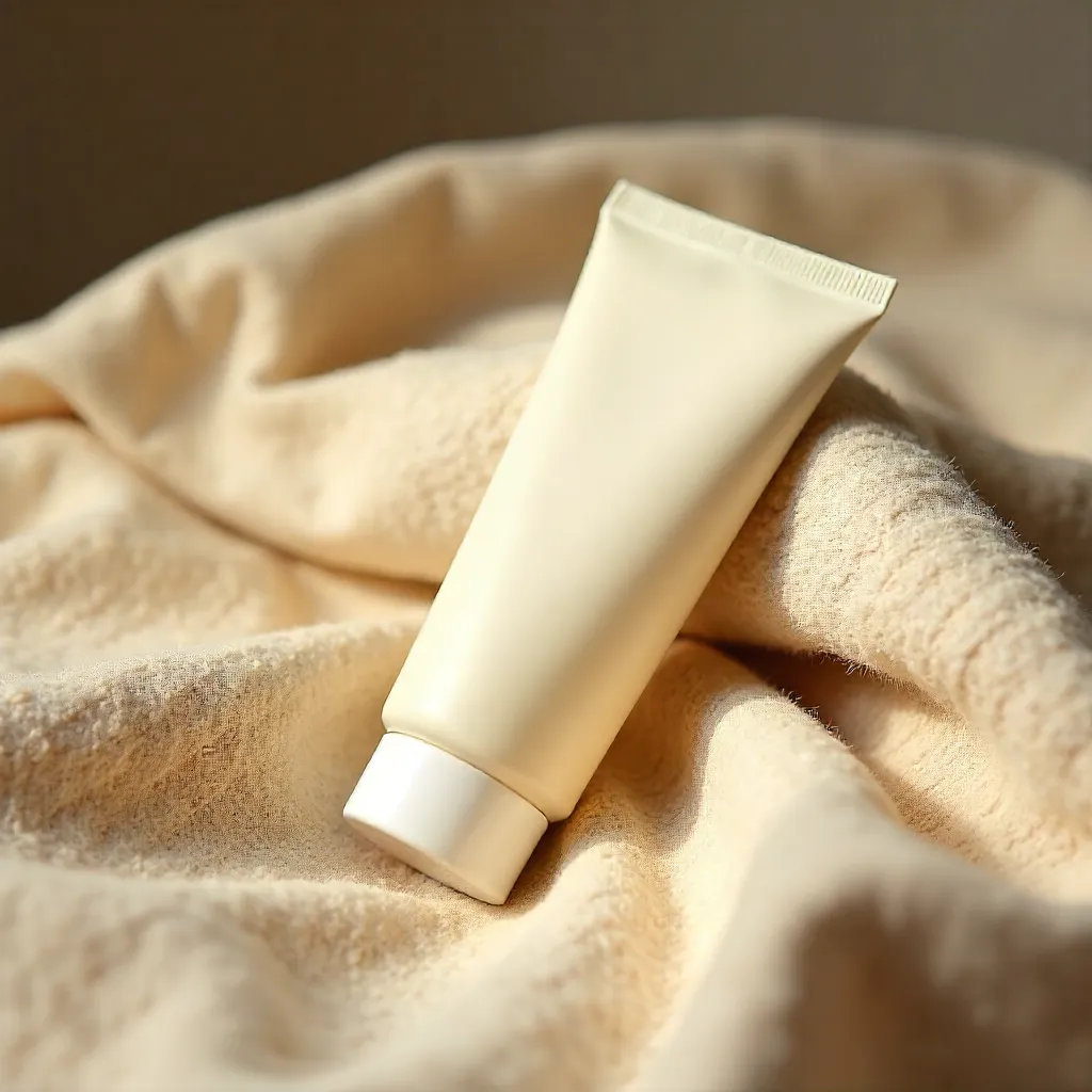 Minimalist Cream Tube on Beige Textured Blanket