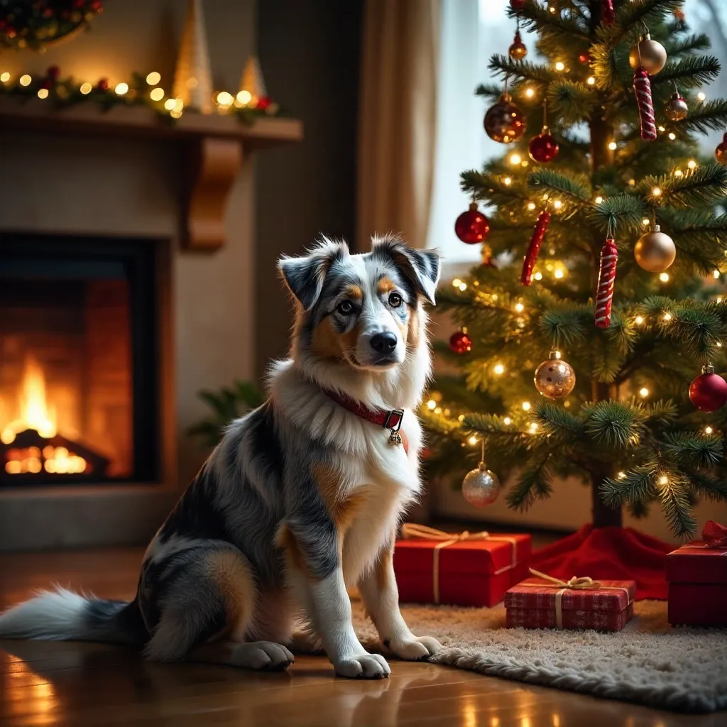 Adorable Australian Shepherd by a Decorated Christmas Tree