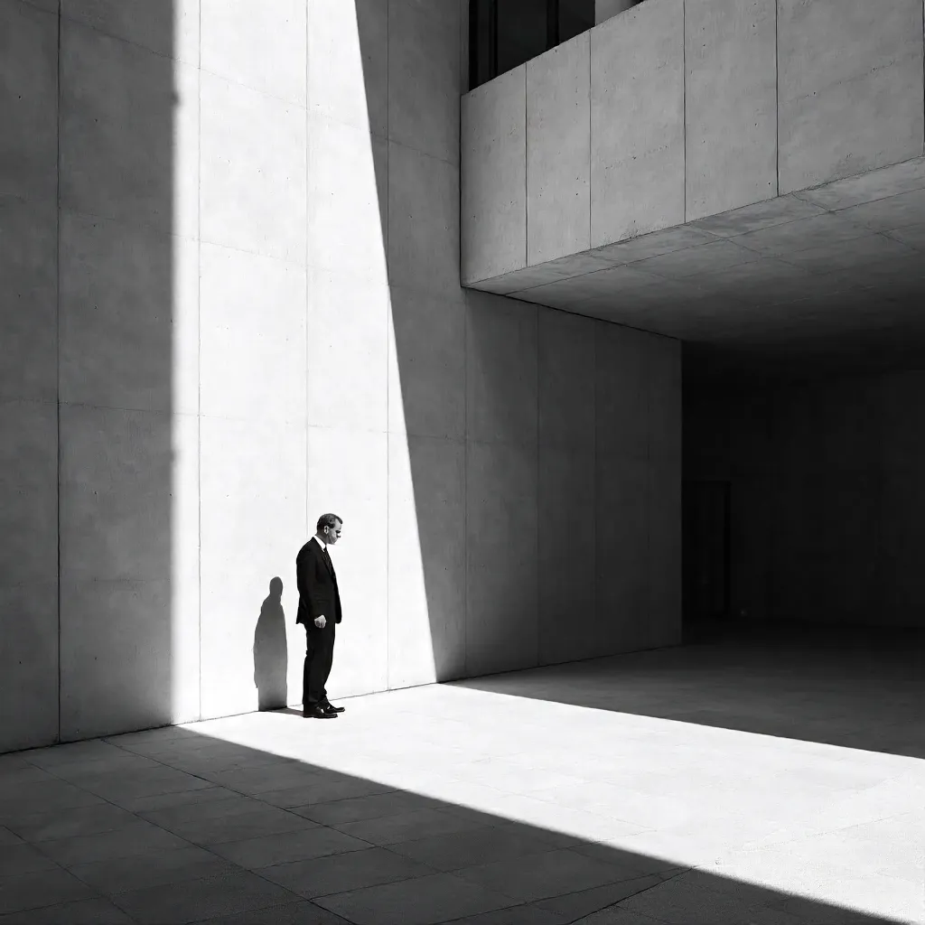 Minimalist Black and White Portrait Amid Modern Architecture