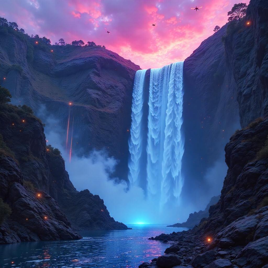 Dreamworld Neon Waterfall in a Cyberpunk Night