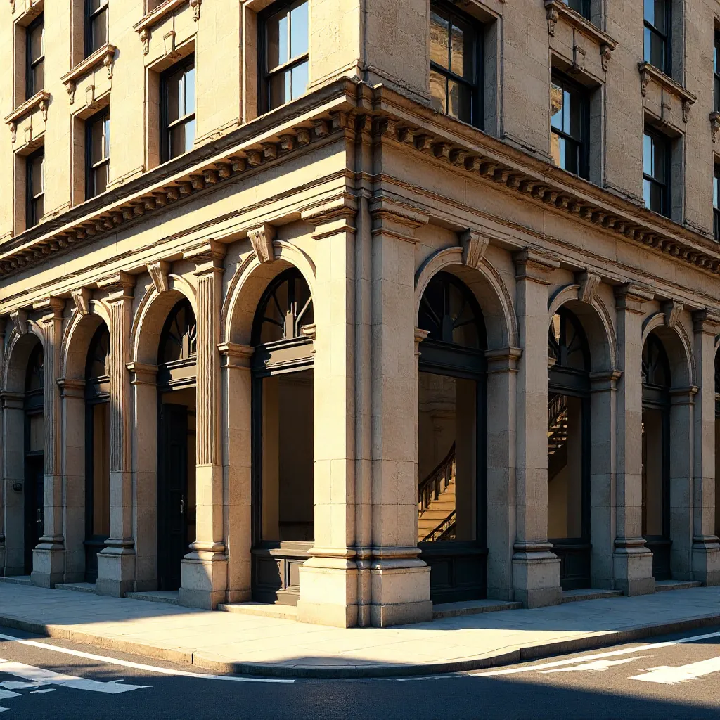 Sunlit Corner of a Classic Building Under Blue Sky
