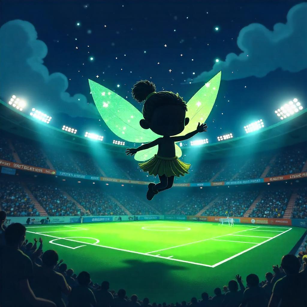 Whimsical Cartoon Sprite in a Bright Stadium