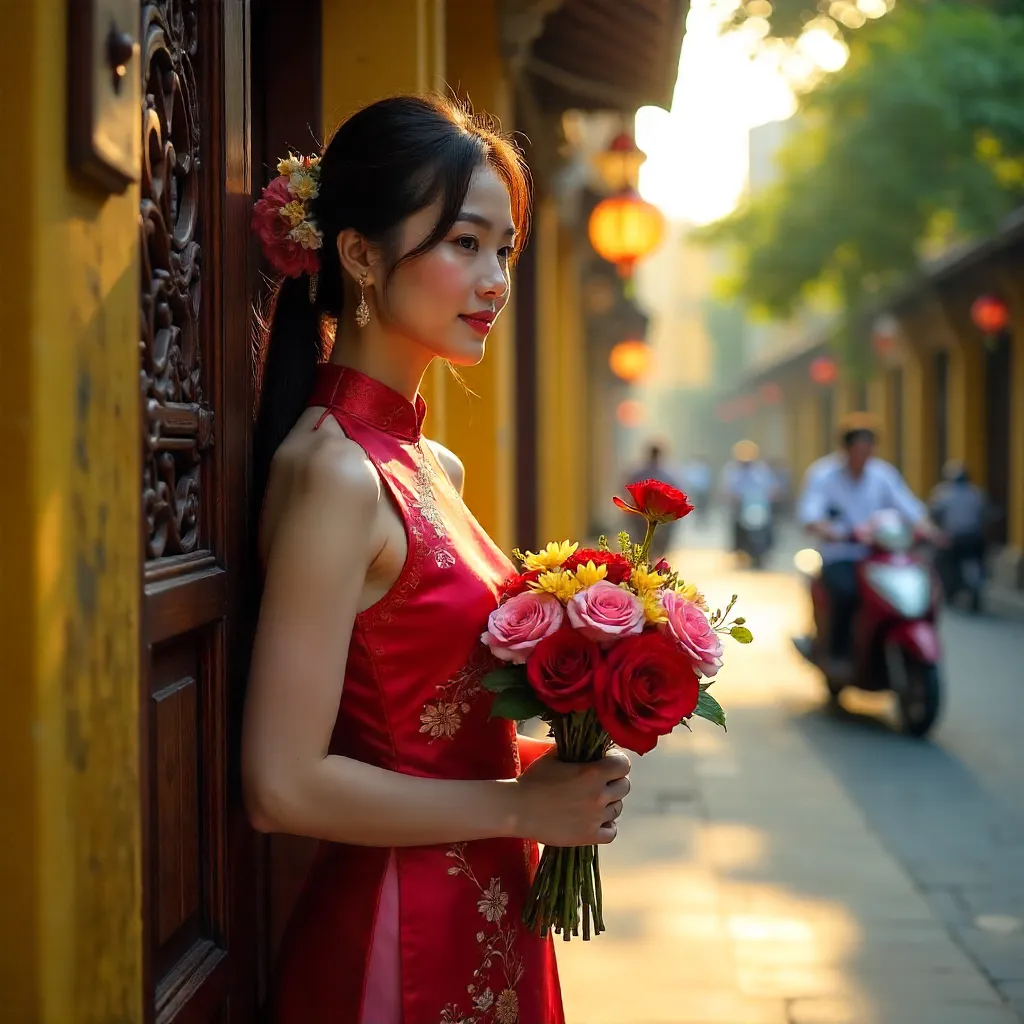 Ao Dai Woman by Ornate Hanoi Wooden Door