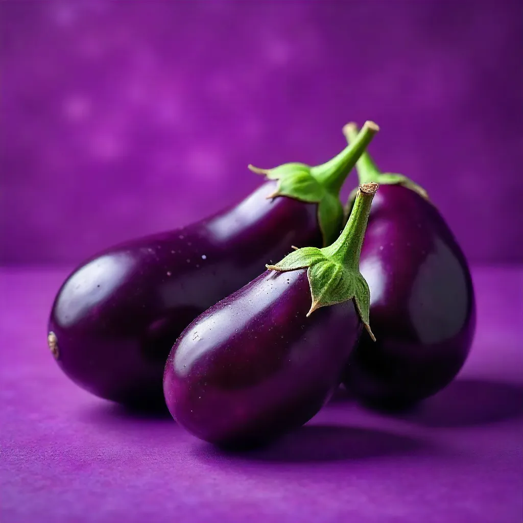 Three Fresh Eggplants on a Vibrant Purple Display