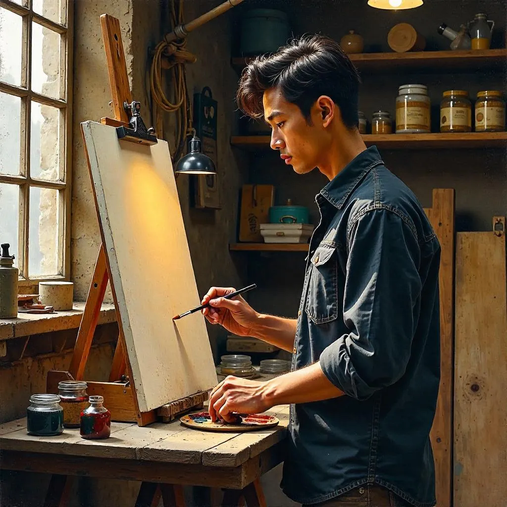 Oil Painting Studio: Young Asian Man at Work