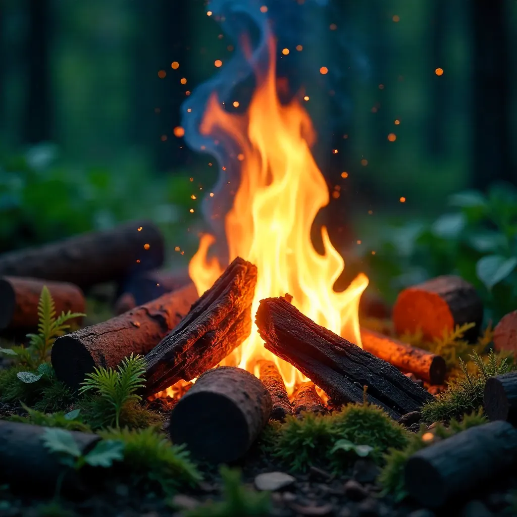 Close-Up Campfire Amid Lush Greenery and Warm Glow