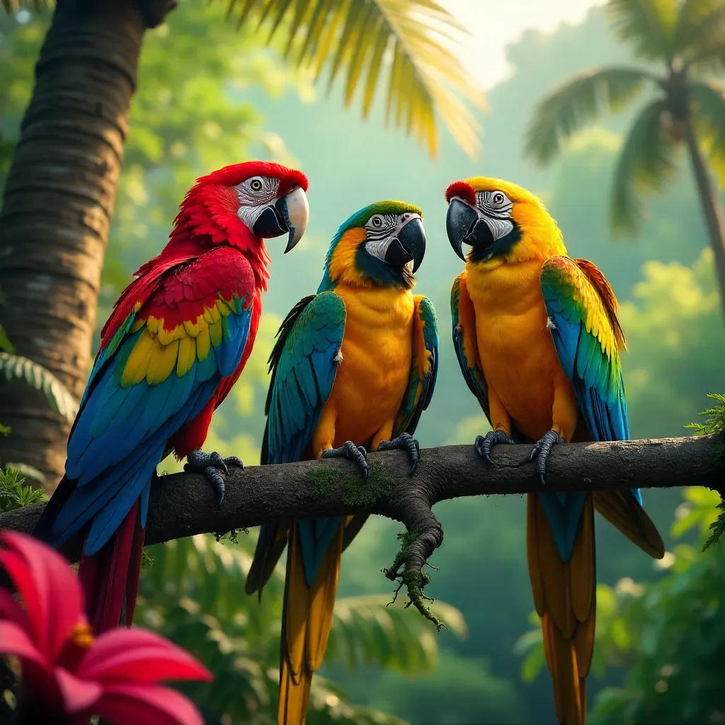 Vibrant Macaws in a Cancun Jungle Canopy