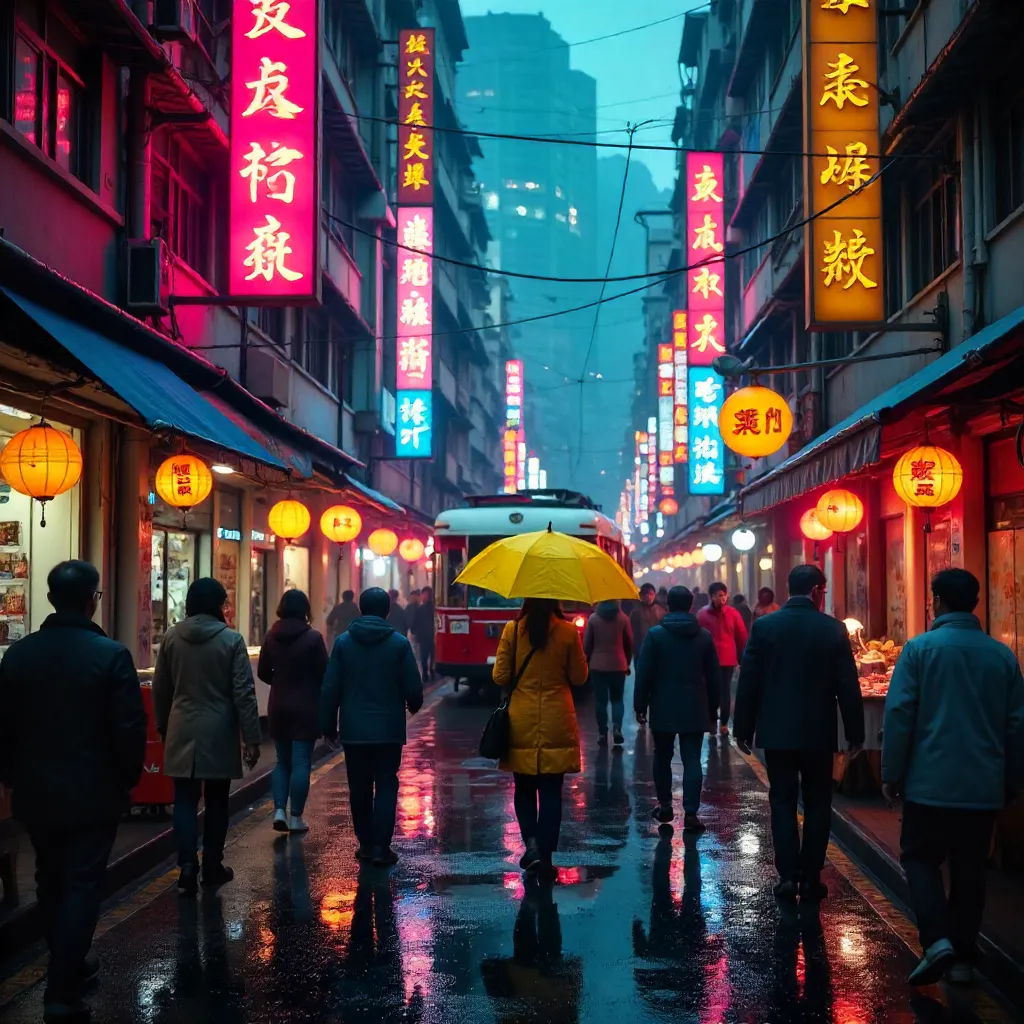 Vibrant Hong Kong Street with Yellow Umbrella