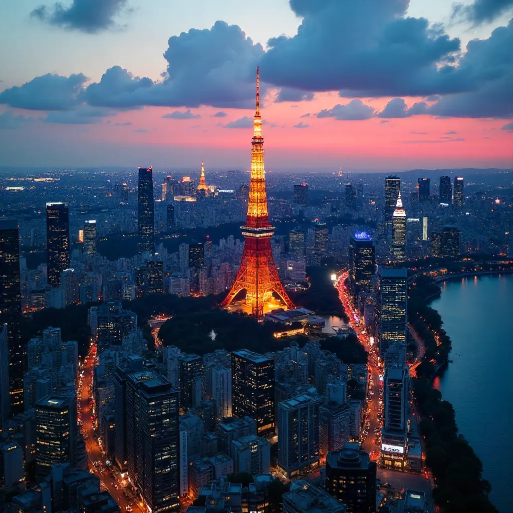 Twilight Tokyo Skyline with Tokyo Tower Lights